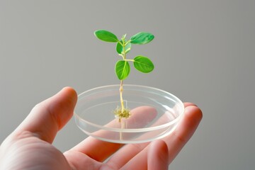 hand holding petri dish with modified plant seedling