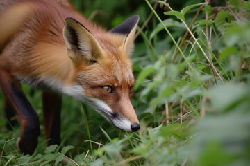 Fototapeta premium fox on the hunt in a dense thicket