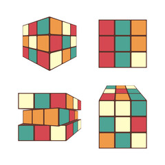 A set of toys, puzzles, cubes from different vantage points. Vector illustration in 90s style on a white background.