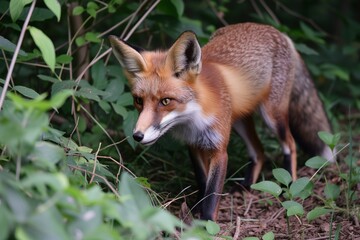 Naklejka na ściany i meble fox on the hunt in a dense thicket
