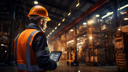 Smart Augmented Reality, AR warehouse management system. Worker hands holding tablet on warehouse as background - 737992825
