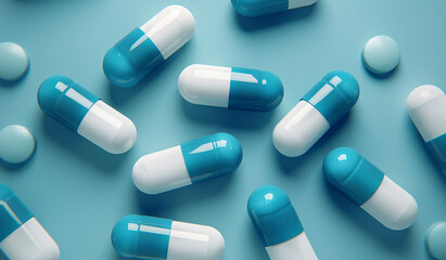 Blue and white capsule medicines; can be used in medical scenarios; modern medical care;