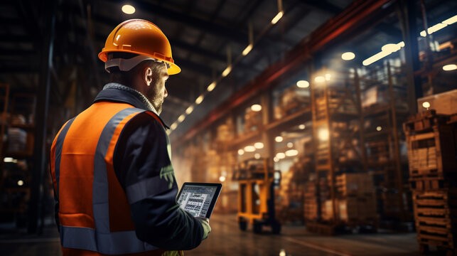 Smart Augmented Reality, AR warehouse management system. Worker hands holding tablet on warehouse as background