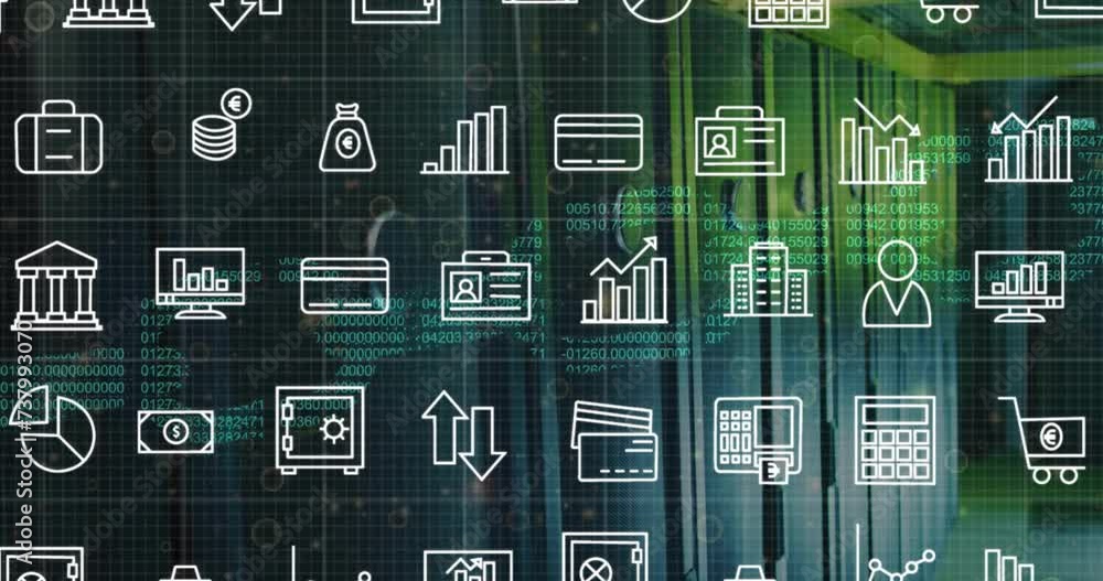 Poster animation of business icons and digital data processing over computer servers