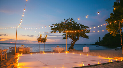 Background A beachside gala with a white sand dance floor and ling string lights.