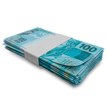 3D rendering of Stacks of Brazilian Money 100 Reais Banknotes