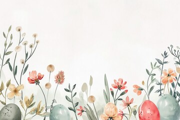 Floral Easter Greetings: Watercolor Eggs and Flowers Horizontal Banner.