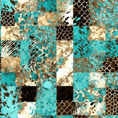 Patchwork Collage of Textured Leopard Prints in Blue and Gold Hues.
