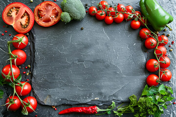 Fresh vegetables including sliced tomatoes, broccoli, cherry tomatoes, green bell pepper, red chili, and herbs on a dark slate background, ideal for healthy eating and culinary concepts.