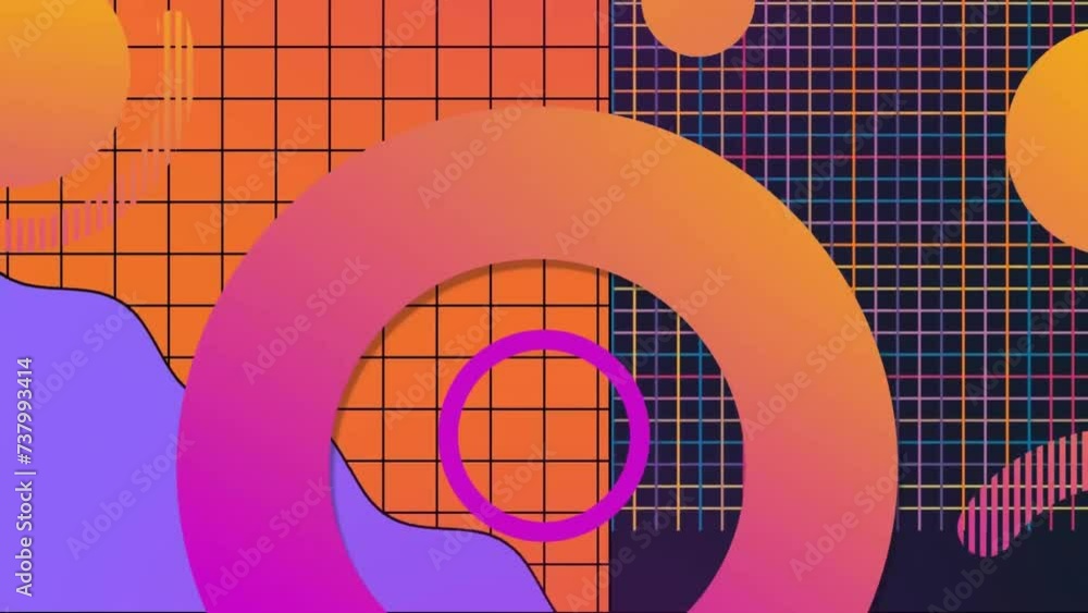 Poster animation of vibrant circles over pattern on orange and black background