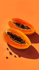 Sliced papaya with visible seeds, casting a shadow on an orange surface, illuminated by soft light showcasing the texture and vibrant color of the fruit.