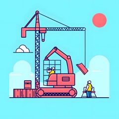 Workers at a vibrant construction site, crane lifting materials. Illustration in flat design style.