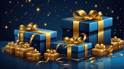 illustration of blue gifts with golden bows and ribbons placed on blue background near stars. generative, AI
