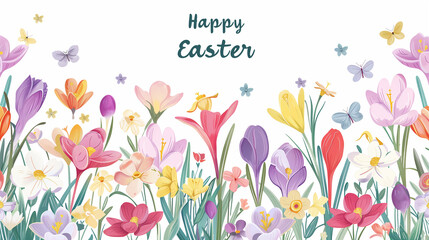 Vector style card Happy Easter. Floral frame with crocuses and snowdrops. Purple background