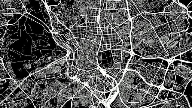 Zoom Out Road Map of Madrid Spain with white roads on a black background