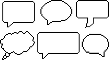 Pixel speech bubbles. Pixel speech bubble icon. Set of 6 empty pixelated speech bubbles on transparent background. Vector illustration EPS 10