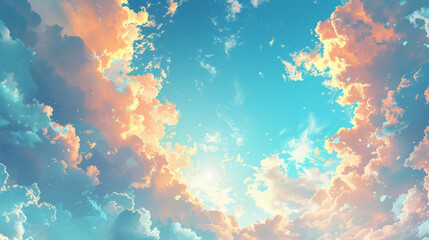 Fototapeta na wymiar A breathtaking vista of a blue sky adorned with luxurious soft gradient orange gold clouds