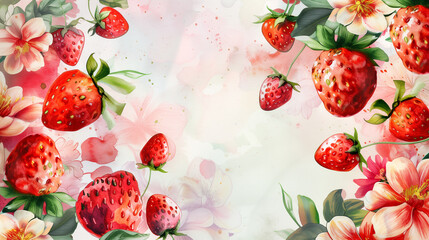 Strawberries in watercolor with flowers and leaves with branches,