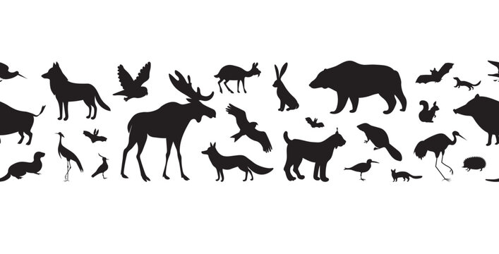 Forest animals. Vector black silhouettes seamless border.