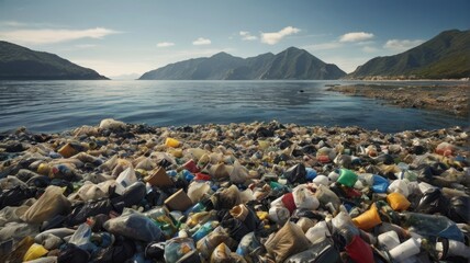 Fototapeta premium mountains of garbage in the ocean generatin How. generative, AI