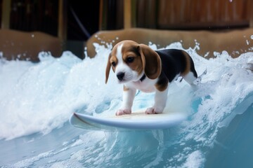 beagle puppy in a surfing stance on artificial wave