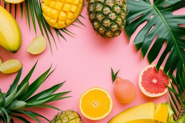 tropical fruit composition with pineapples, pomelos and monstera leaves on pink background. copy space