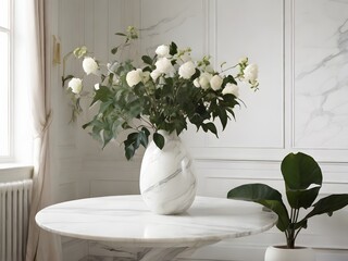 Vase with beautiful white roses on table in room. Interior design. AI Generated