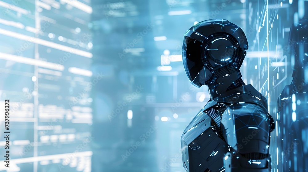 Poster a sleek, humanoid robot with a reflective surface stands in a blue-illuminated, high-tech environmen