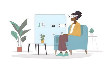 An illustrated character sits comfortably in an armchair at home, immersed in a virtual reality experience with a headset and controller.