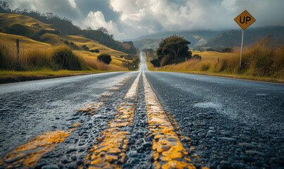 Perspective view of a long road leading into distant hills with an ‘UP’ sign. - obrazy, fototapety, plakaty