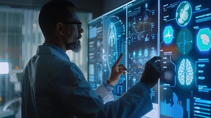 A researcher in a lab coat examines complex genetic information on a large interactive digital display, utilizing advanced technology for scientific analysis.