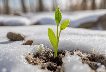 A young green plant makes its way out of the ground and snow in early spring - obrazy, fototapety, plakaty