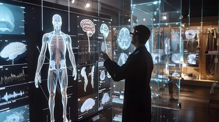 A medical professional is examining a futuristic digital interface showing detailed human anatomy, including skeletal, muscular, and neural systems.
