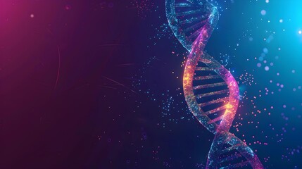 A digital artwork of a DNA double helix structure sparkling with neon lights on a dark cosmic background.