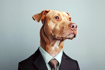 Illustration of a man wearing dog mask over his head and a formal suit, dog wearing business suit, Generative AI