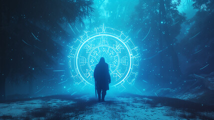 Unveil the warrior's journey through time with a neon sfumato wide shot