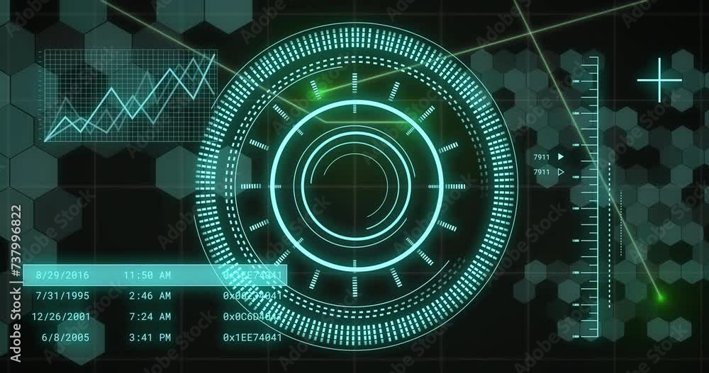 Poster animation of scope and data processing over black background