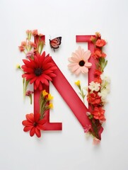 Letter N made of real natural flowers and leaves, on a red background. Spring, summer and valentines creative idea.