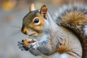 Obraz premium closeup of gray squirrel holding walnut with both paws