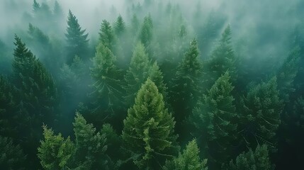 Aerial Photography of a Misty Forest at Sunrise, Generative AI
