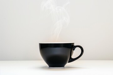 stream of steam rising straight from a black coffee cup on white