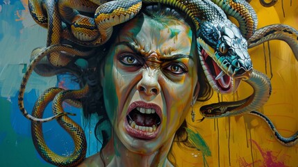 portrait of medusa gorgona - an angry woman with snakes on her head --no dark --ar 16:9 --v 6 Job ID: db1cc11e-62ff-47f7-b927-bc8f9eaa36b1