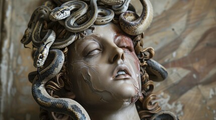 A portrait of a woman with a fierce expression and snakes in her hair, evoking themes of Medusa and mythology.