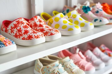 kids summer shoes with fun patterns on shelf