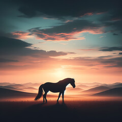 a stunning silhouette image of a horse against the backdrop of a sweeping landscape, capturing the grace and power of this magnificent creature in its natural environment, generative ai