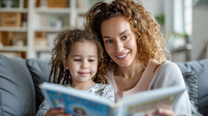 Obraz premium Reading : Lovely family mom and daughter reading story together on sofa daytime at home family hobby.