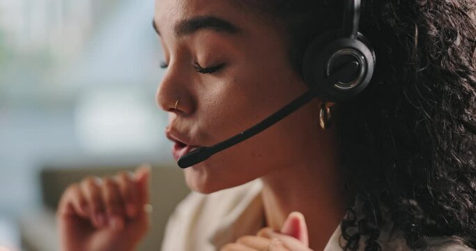 Woman, phone call at callcenter and contact us, talking for advice or information with communication and CRM. Customer service, telemarketing or tech support, help desk agent with headset and mic