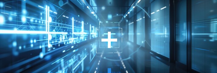 Medical healthcare glowing blue background with a white cross overlay in the middle of modern high tech futuristic hospital hallway corridor poster or banner