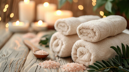 Fototapeta na wymiar Indulge in Tranquility: Brown Towels Infused with Bamboo, Paired with Flickering Candles, Spa Stones, and Salt, Creating the Perfect Ambiance for Relaxing Spa Massage and Body Treatments