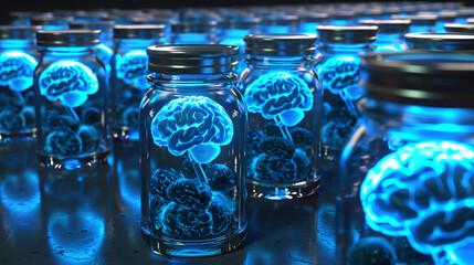 A multitude of blue glowing brains - obrazy, fototapety, plakaty